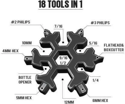 18-in-1 Stainless Steel Snowflake Multi-Tool as Keychain driver, Bottle Opener Tool