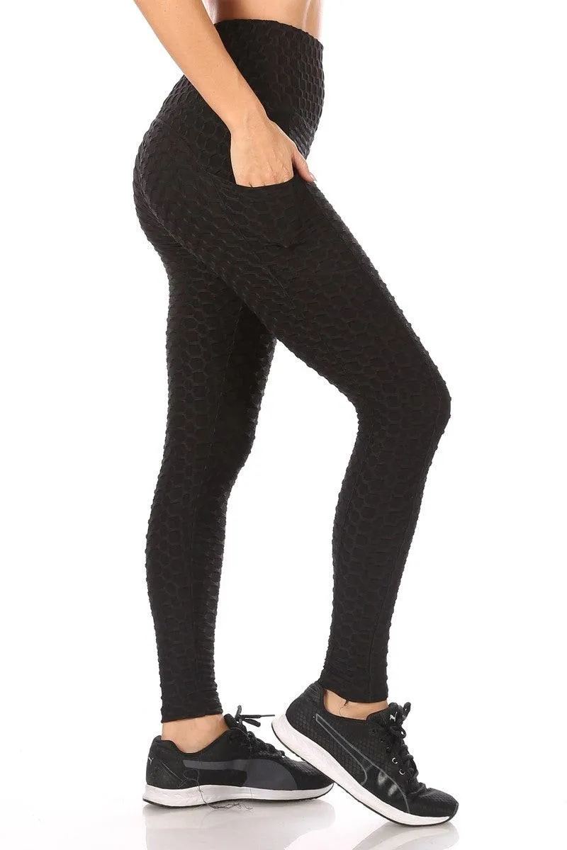 High Waist Honeycomb Textured Sports Leggings With Pockets - Black