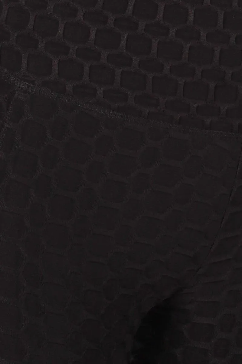 High Waist Honeycomb Textured Sports Leggings With Pockets - Black