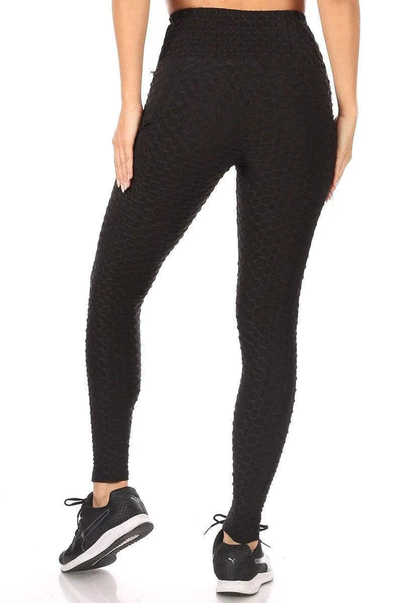 High Waist Honeycomb Textured Sports Leggings With Pockets - Black