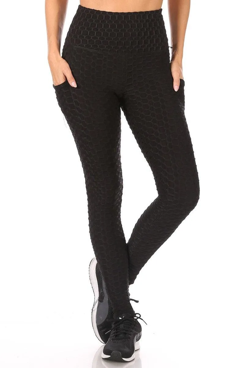 High Waist Honeycomb Textured Sports Leggings With Pockets - Black