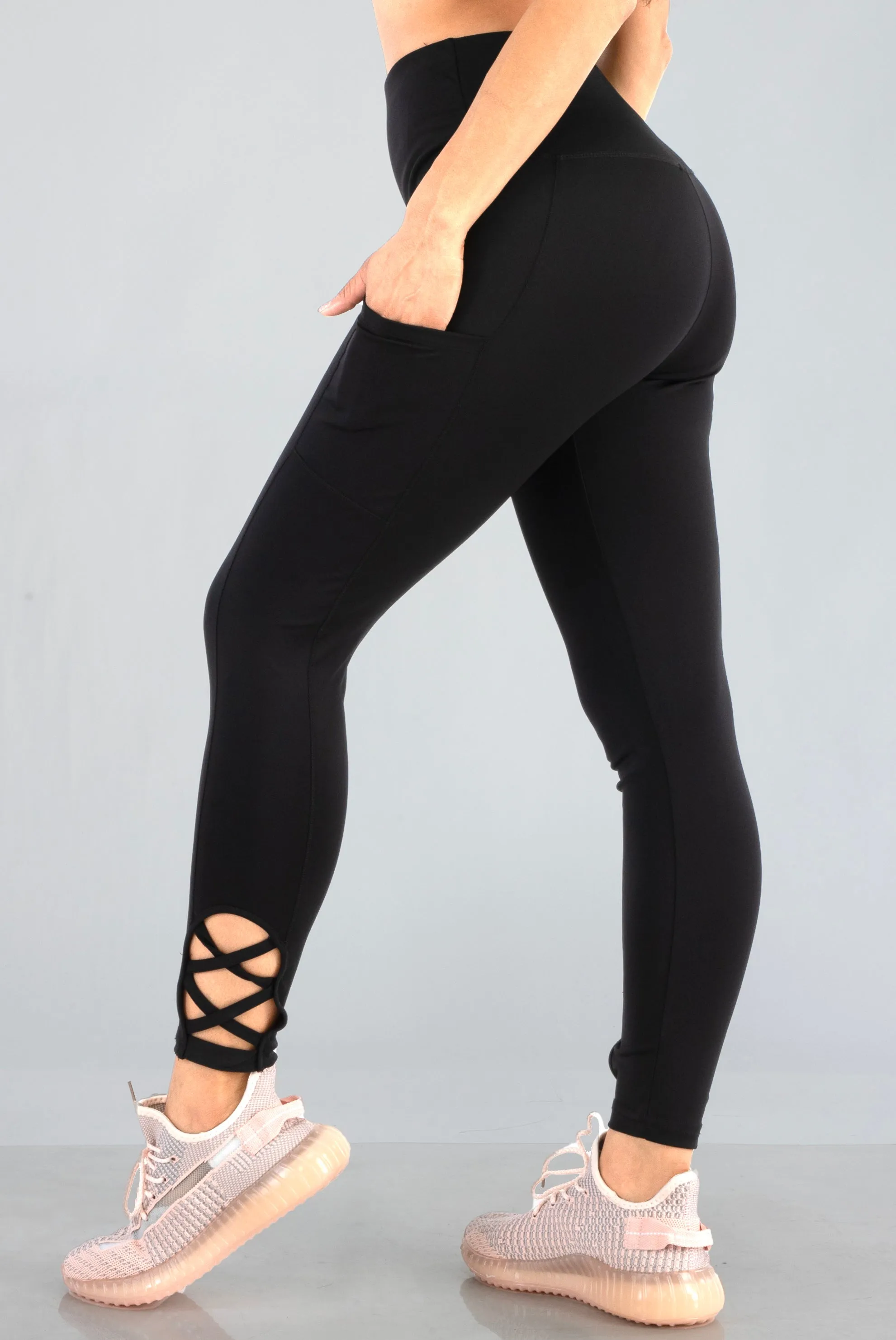 High Waist Tummy Control Sports Leggings With Side Pocket & Ankle Strap Detail - Black