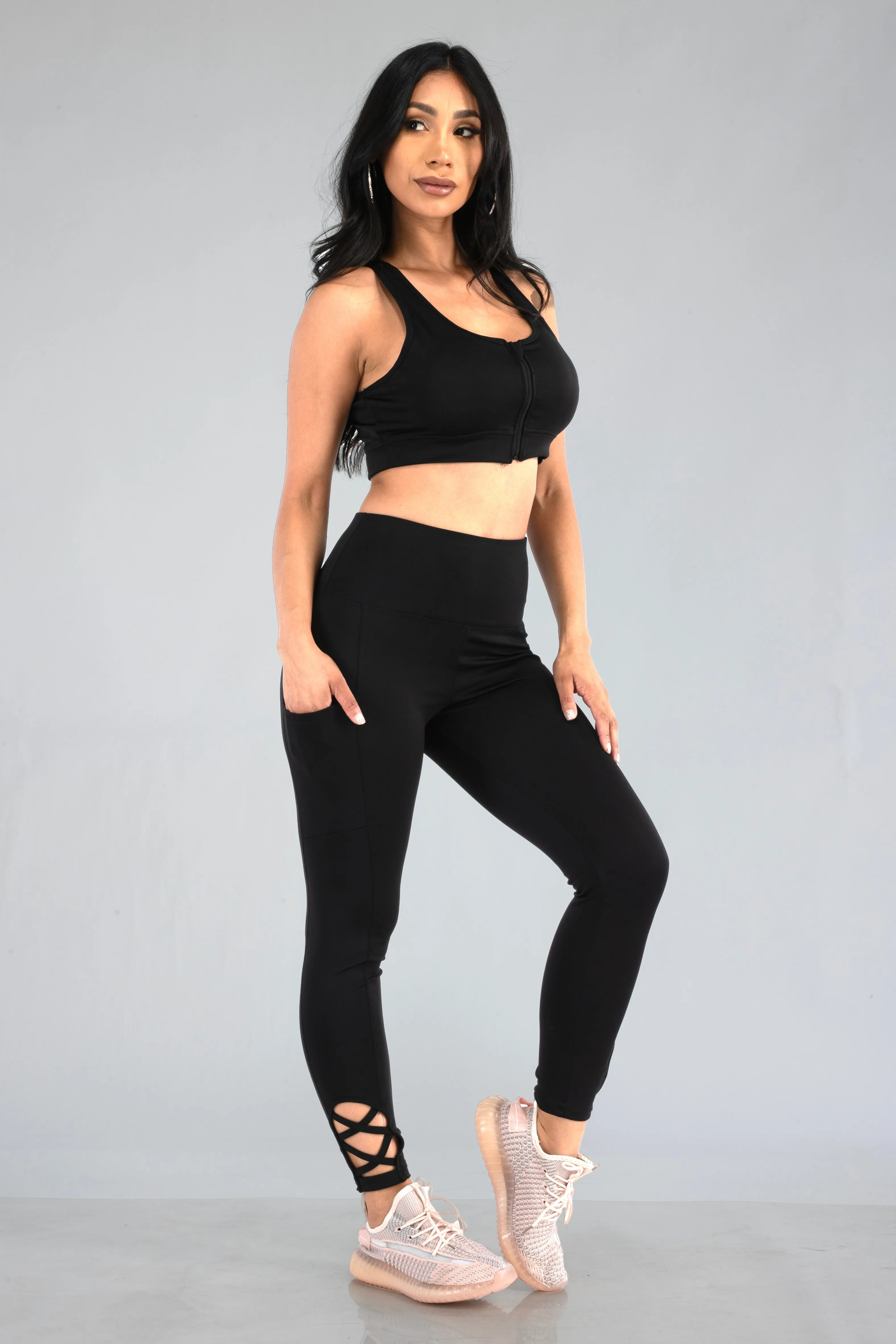 High Waist Tummy Control Sports Leggings With Side Pocket & Ankle Strap Detail - Black