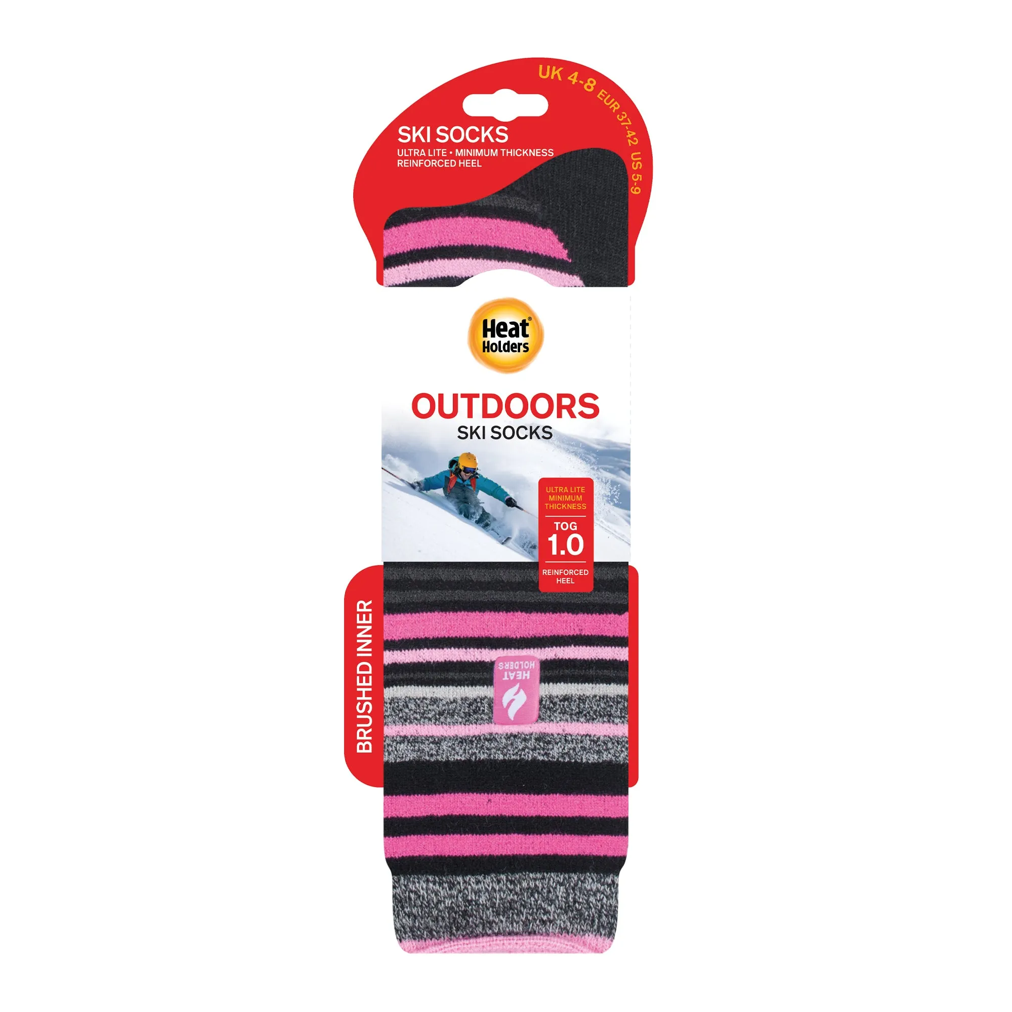 Ladies Ultra Lite Long Ski & Snow Sports Socks - Black & Pink Stripe