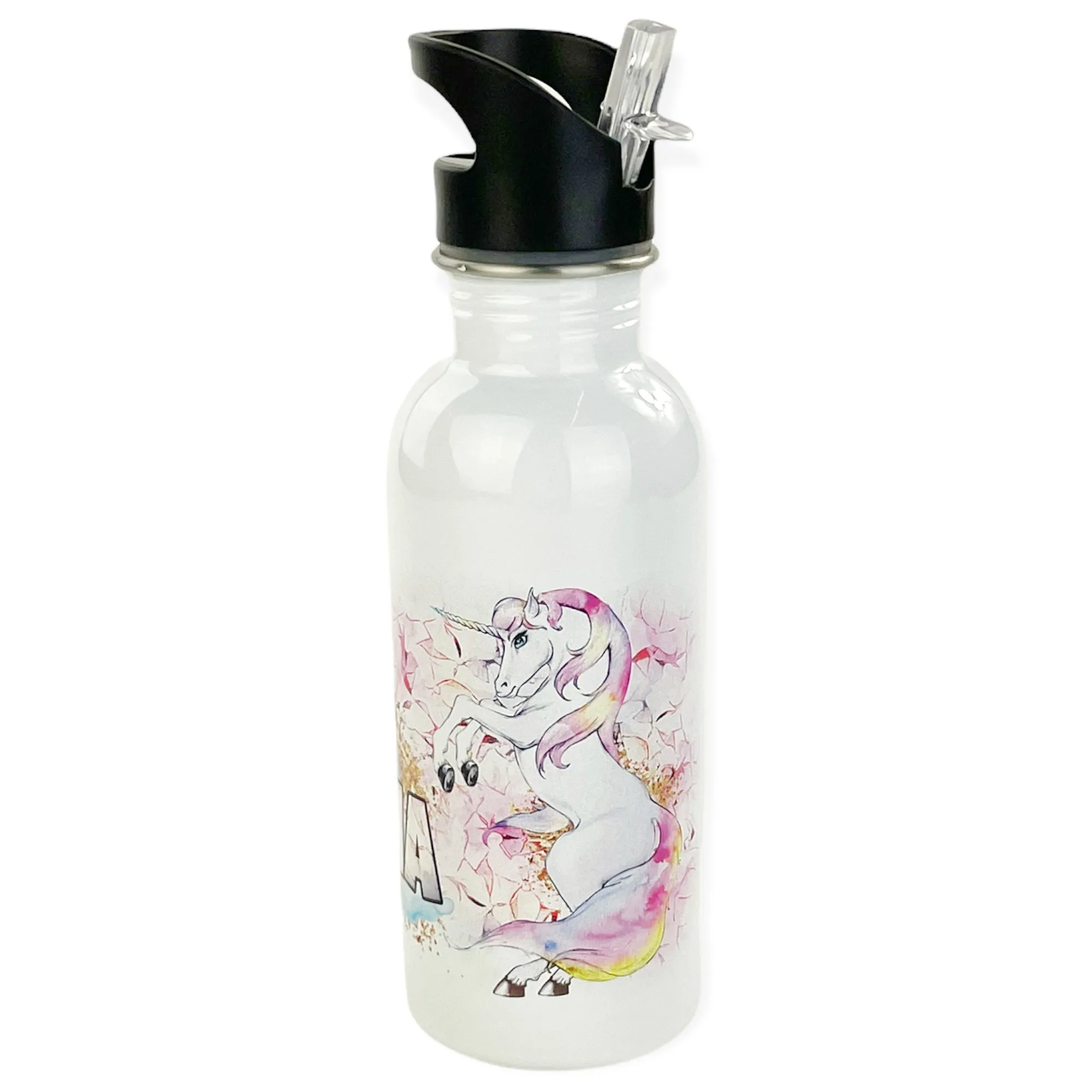 Personalized 20oz Stainless Steel Water Bottle with Straw - Unicorn Sparkle