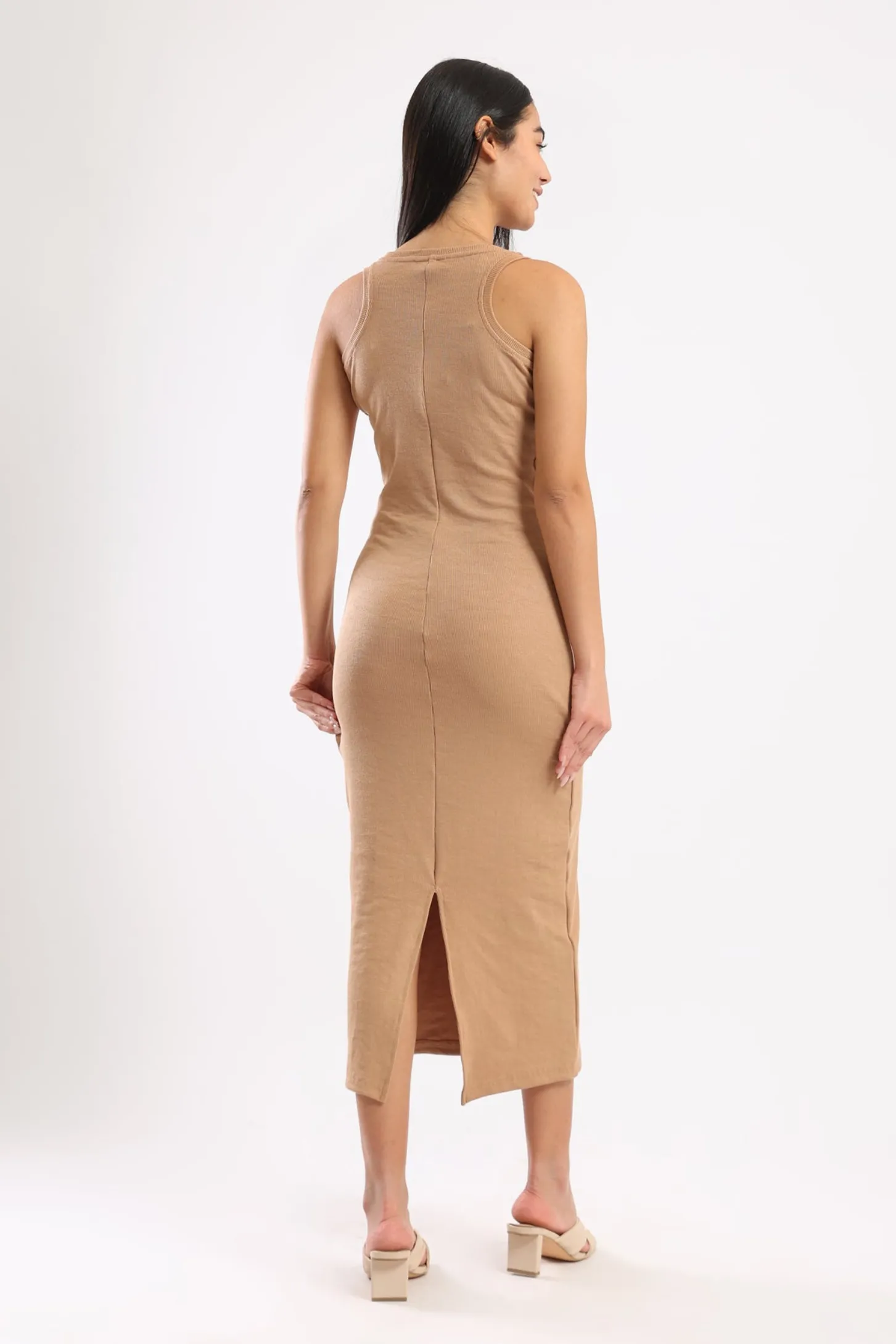 SLEEVELESS RIB KNIT DRESS - BEIGE