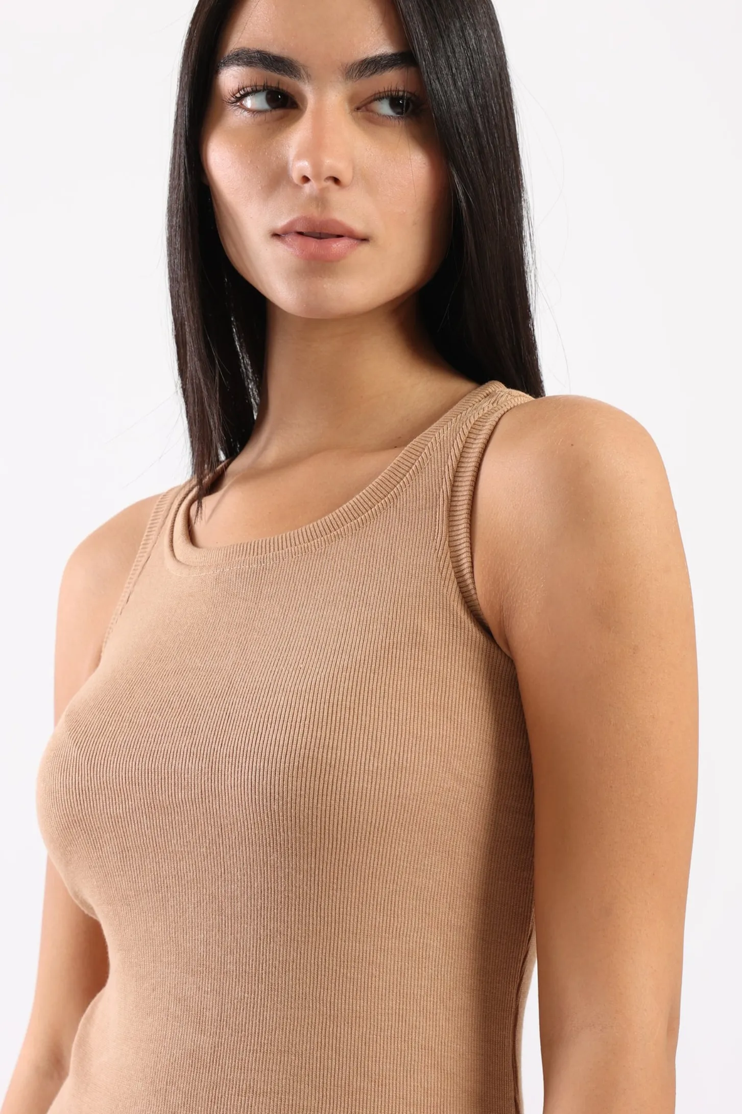 SLEEVELESS RIB KNIT DRESS - BEIGE